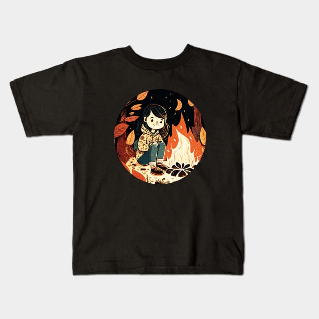 Girl Camping in the Woods, Campfire Kids T-Shirt by dukito